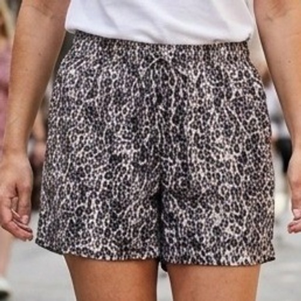 Royalty For Me Leopard Print Linen Blend Shorts Grey Black Smocked Waist Medium